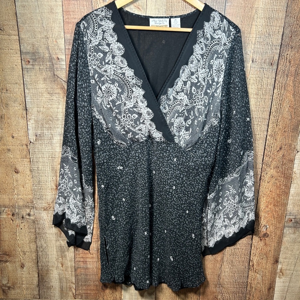 Vintage Silk Top 3X NYC Design Co Whimsigoth Paisley Sheer Bell Sleeve Blouse